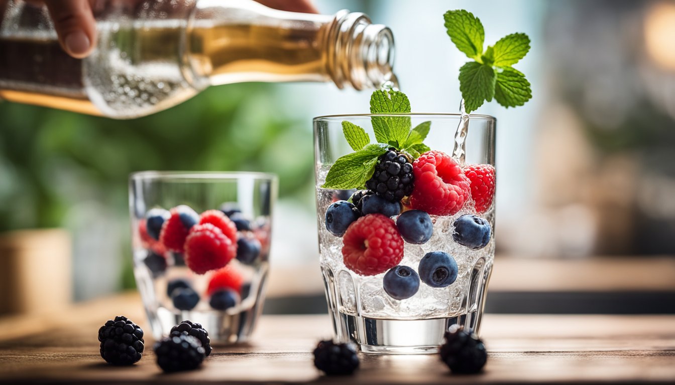 A hand pours sparkling water into a glass with fresh berries and herbs. Another hand stirs in a splash of sugar-free syrup. Ice cubes clink as they are dropped in, creating a refreshing low-carb mocktail