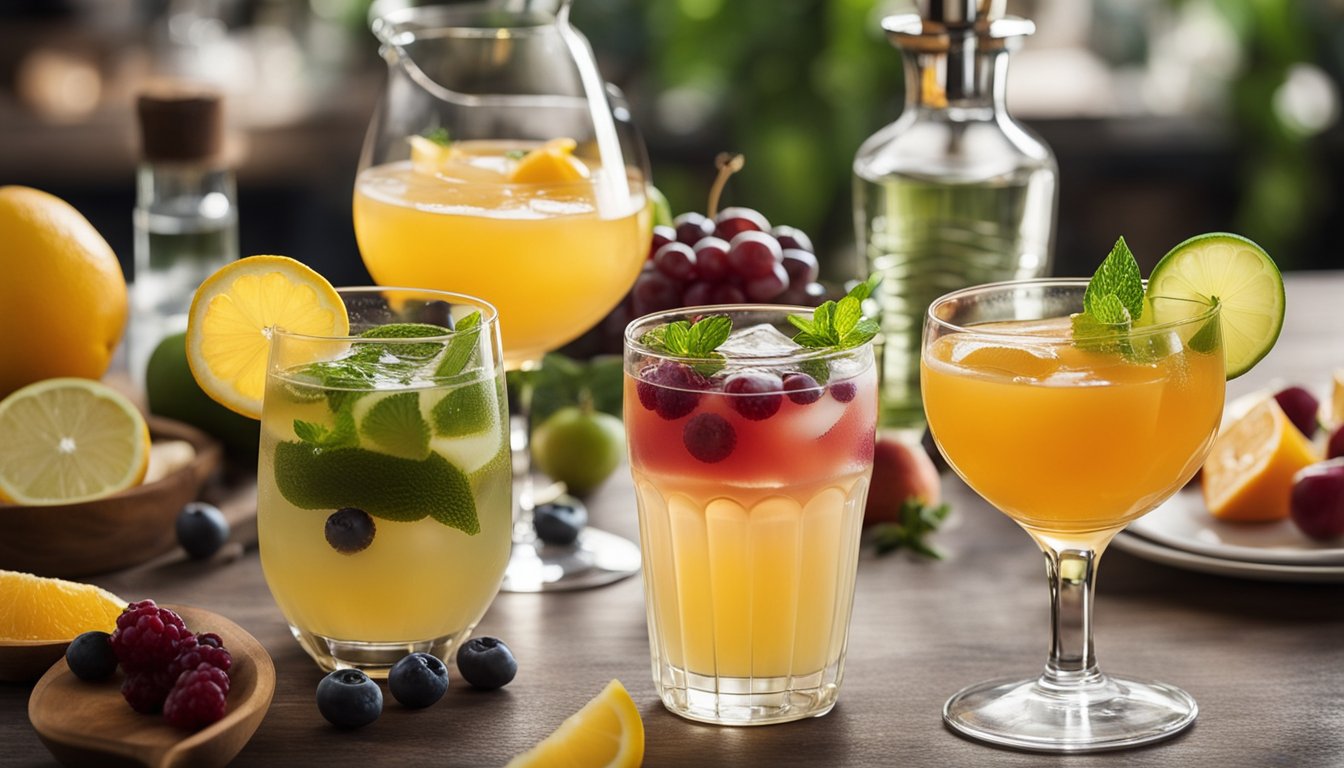 A table set with various non-alcoholic spirits, fresh fruits, and low-carb mixers for creating mocktails