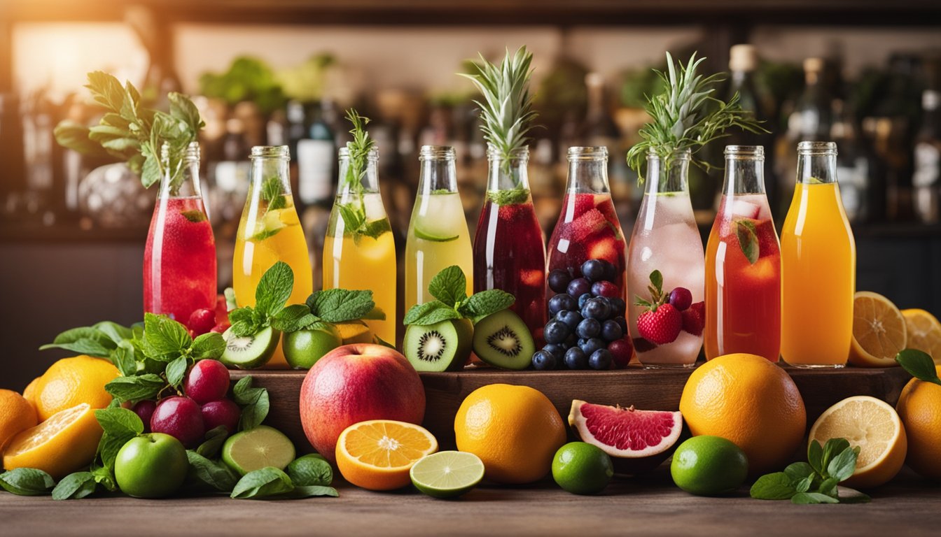 A colorful array of fresh fruits and herbs, alongside bottles of sparkling water and sugar-free syrups, create a vibrant display of ingredients for low-carb mocktails