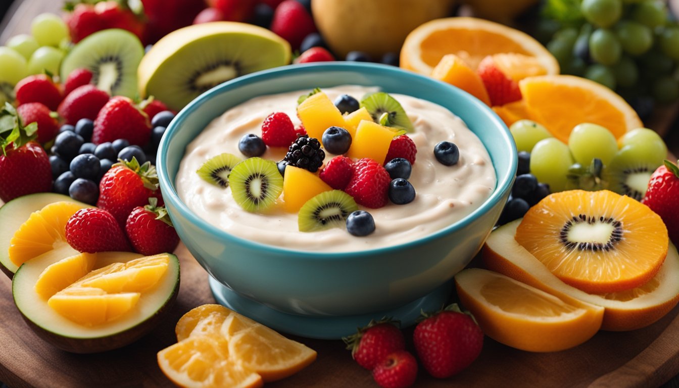 creamy fruit dip surrounded by fruits