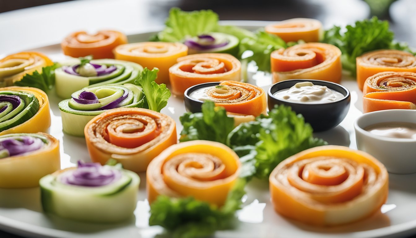 low carb pinwheels arranged on a serving platter 