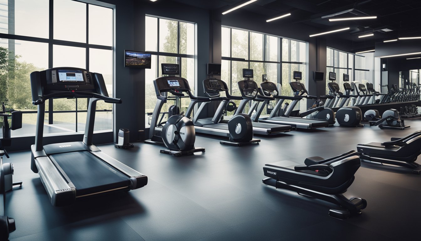 A sleek, modern gym with state-of-the-art equipment and intense workout stations. Trainers guide clients through dynamic exercises, pushing their limits