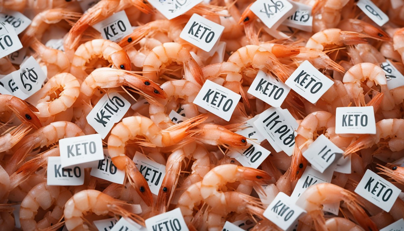 A pile of shrimp surrounded by question marks and crossed-out "keto" labels