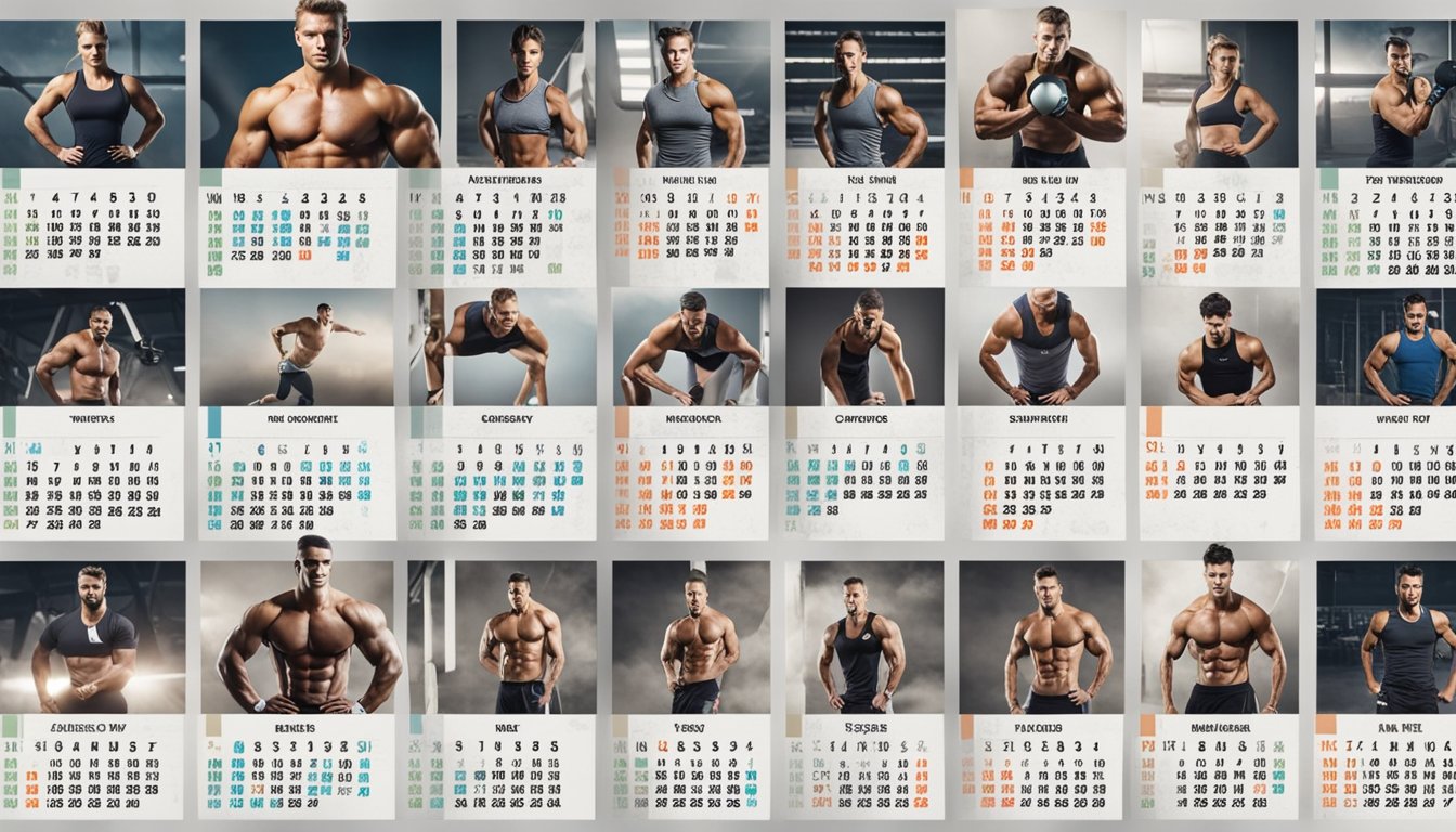 A calendar with intense workout routines marked for each day, surrounded by motivational quotes and images of fit and toned bodies