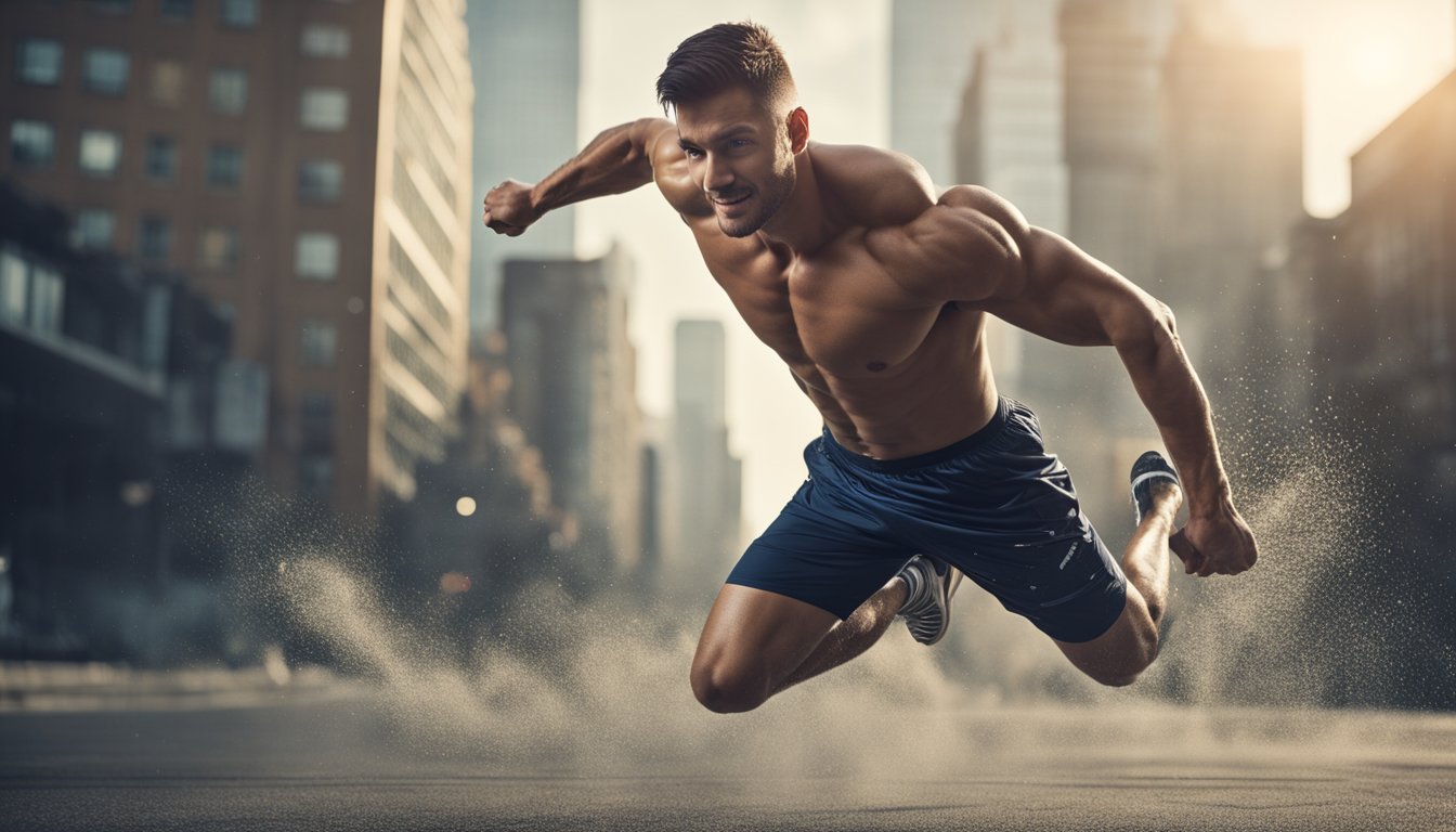 A figure mid-air, legs extended, arms raised. Muscles engaged. Sweat drips