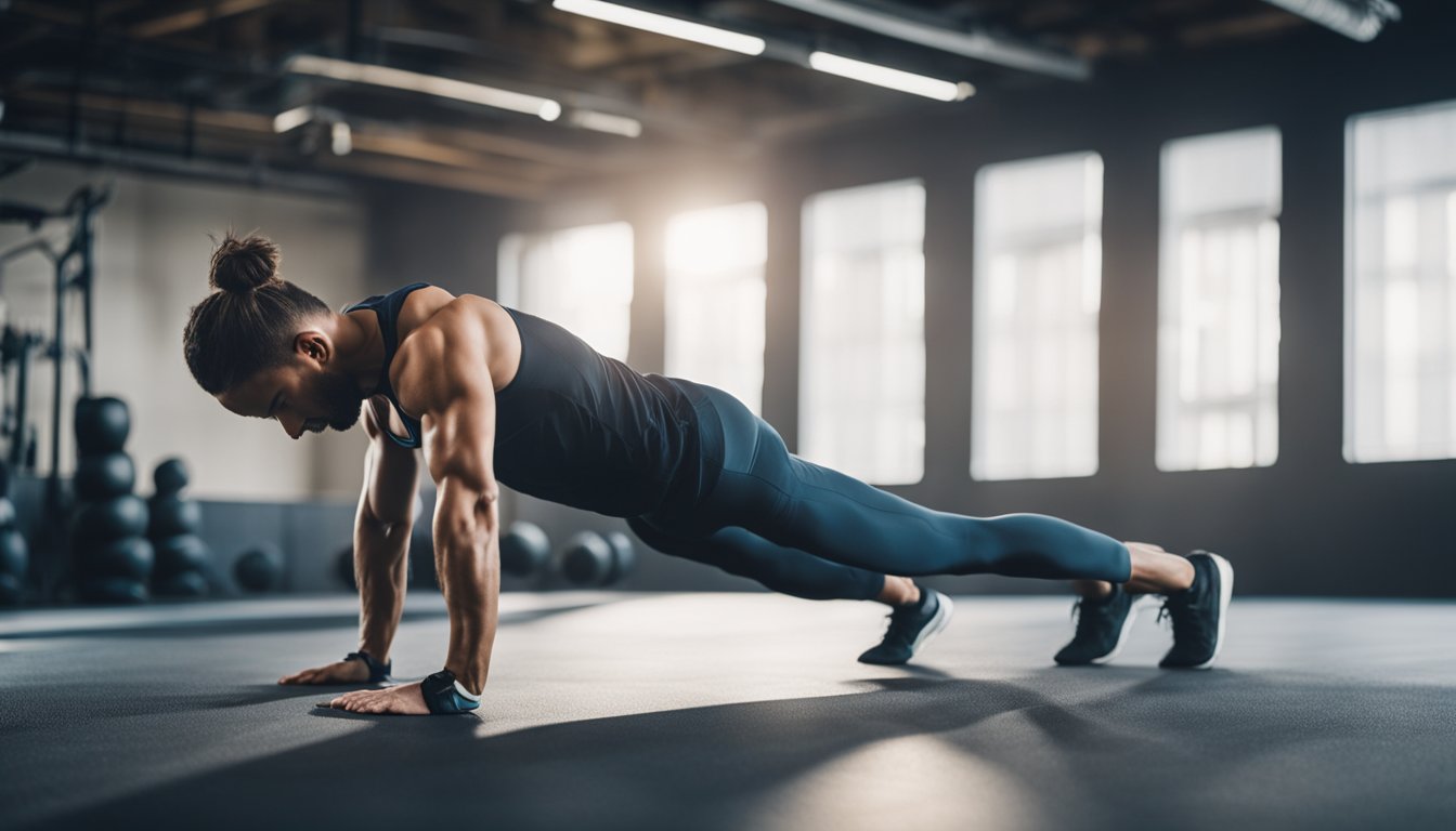 A person is doing burpees, engaging multiple muscles for a full-body workout. The scene shows the dynamic movement and effort involved in performing the exercise