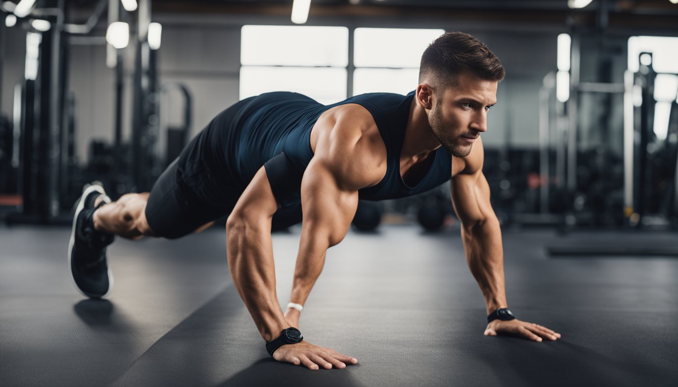 A person performing a burpee with proper form, engaging muscles in the legs, core, and arms. Focus on explosive jump and smooth transition to plank position