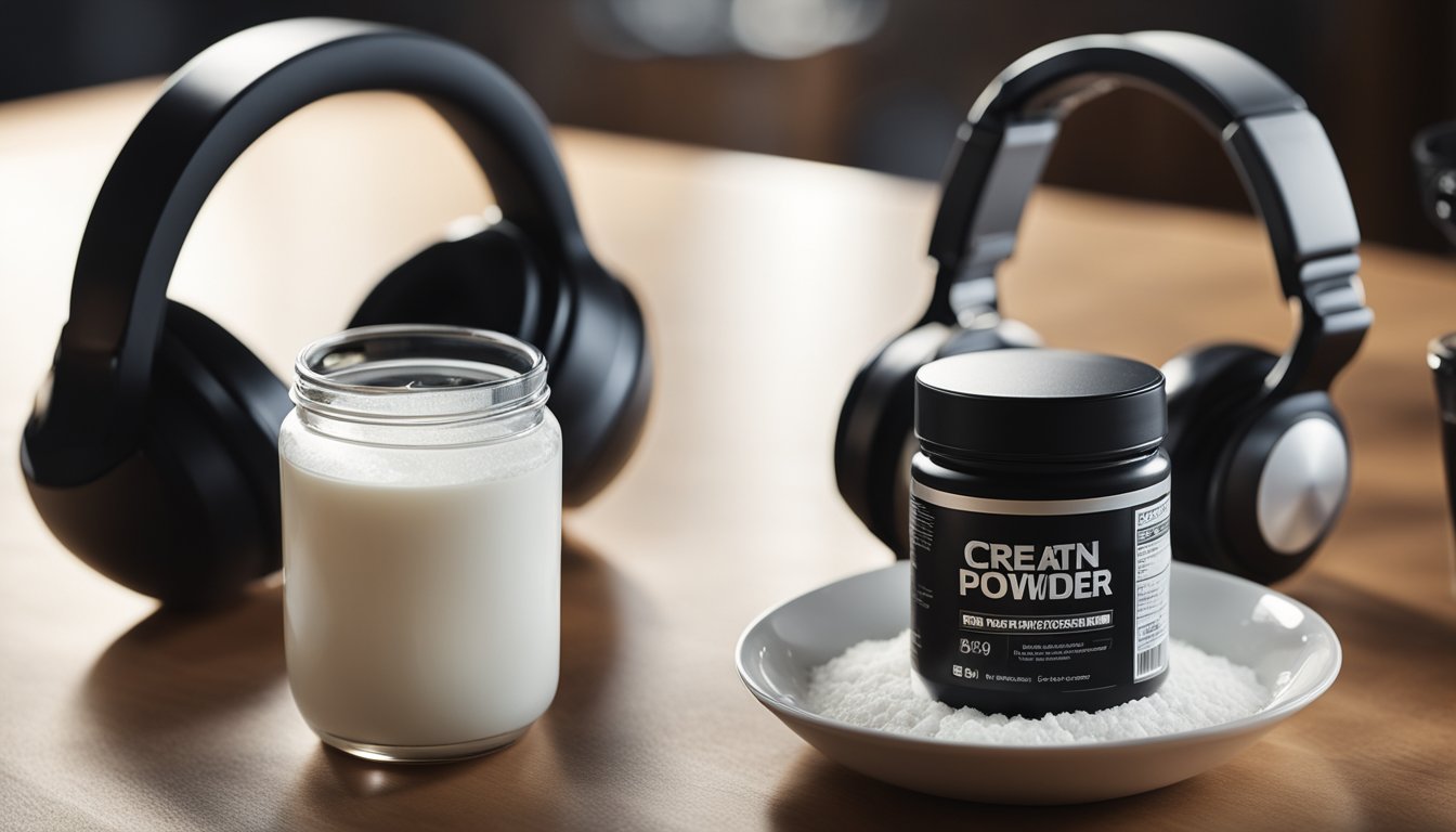 A scoop of creatine powder being mixed into a glass of water, alongside a bottle of pre-workout supplement and a pair of headphones