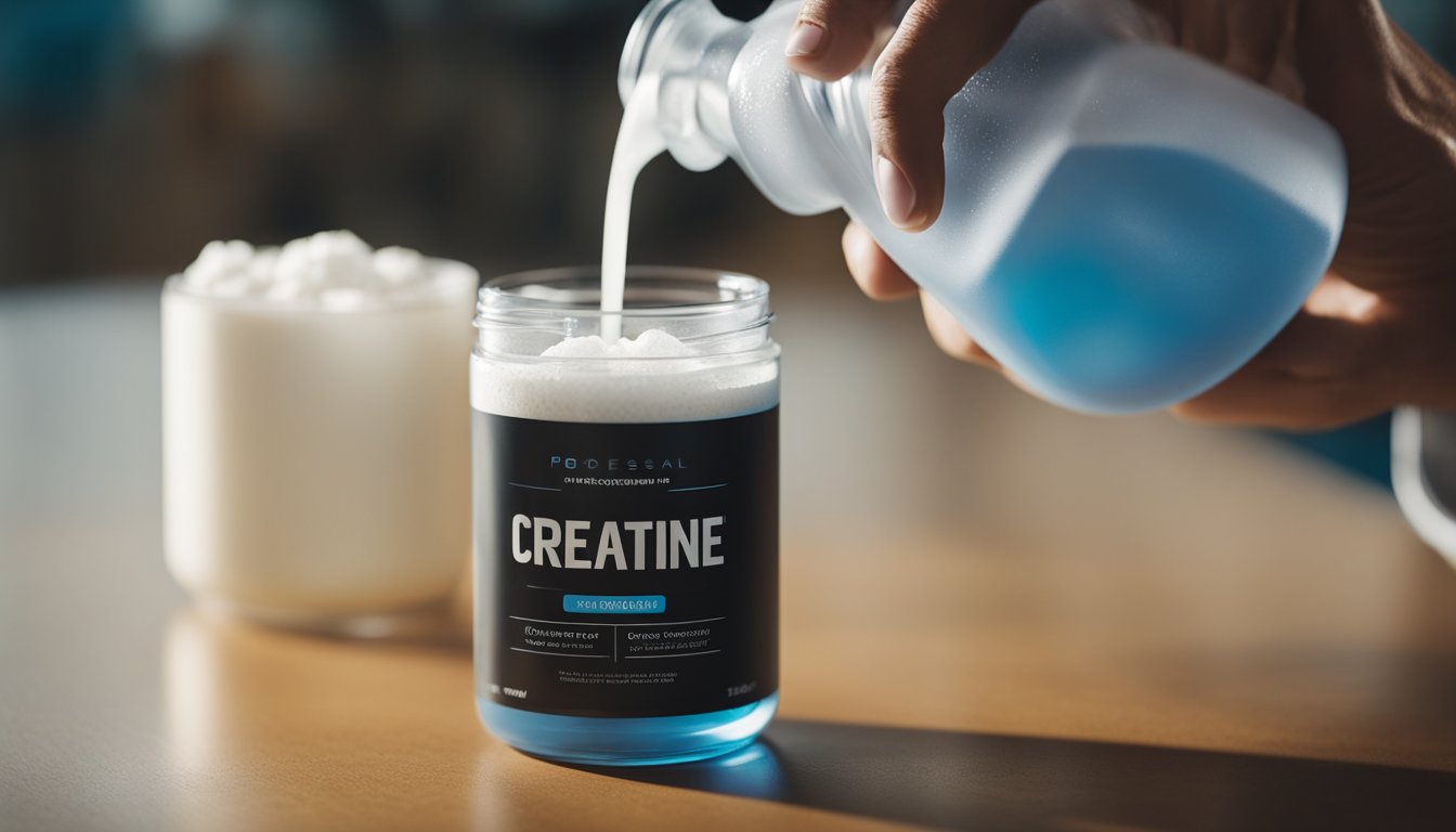 A person mixes creatine powder into a glass of water before a workout, with a focus on the product and surrounding environment