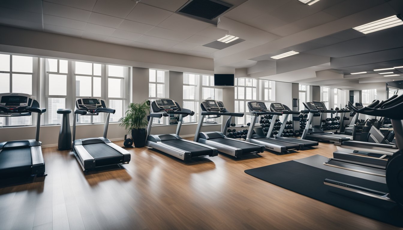 A gym with various workout equipment, including treadmills, weights, and exercise mats. Bright, energetic atmosphere with motivational posters on the walls