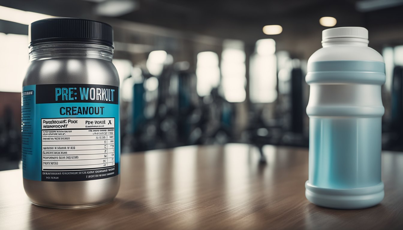 A jar of pre-workout powder with "Creatine" label, surrounded by gym equipment and a water bottle