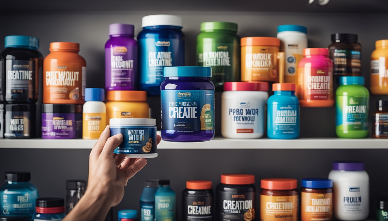 A hand reaching for a container labeled "Pre-Workout with Creatine" on a shelf, surrounded by various other fitness supplements and workout equipment