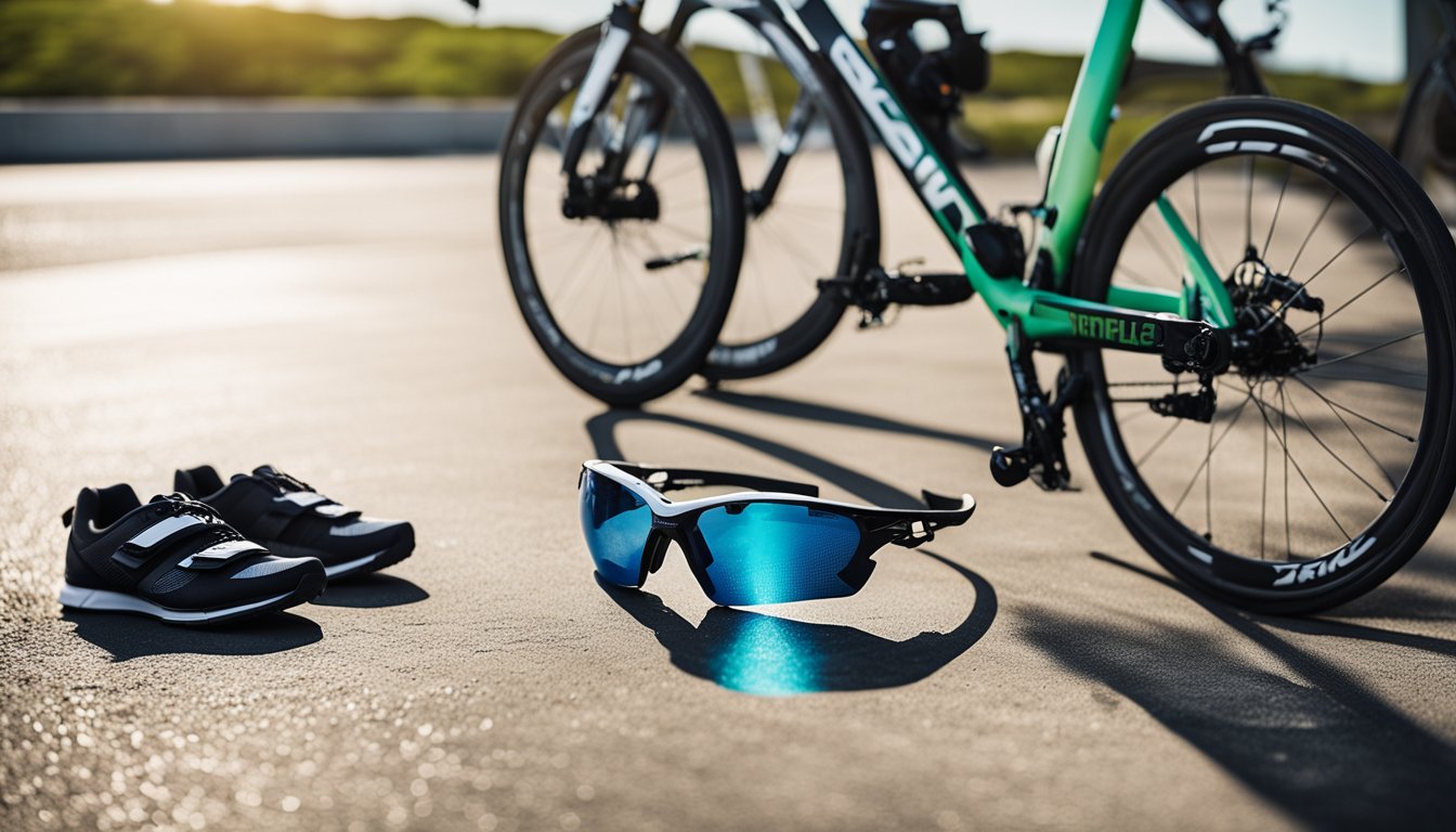 A triathlon bike parked next to a running shoe, swim goggles, and a water bottle on a concrete floor with a training plan spread out