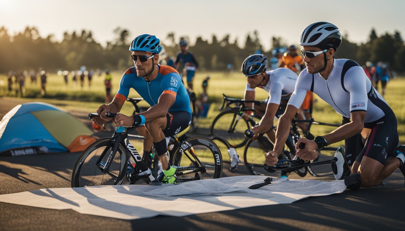 Athletes lay out gear, review maps, and discuss tactics before a half ironman race