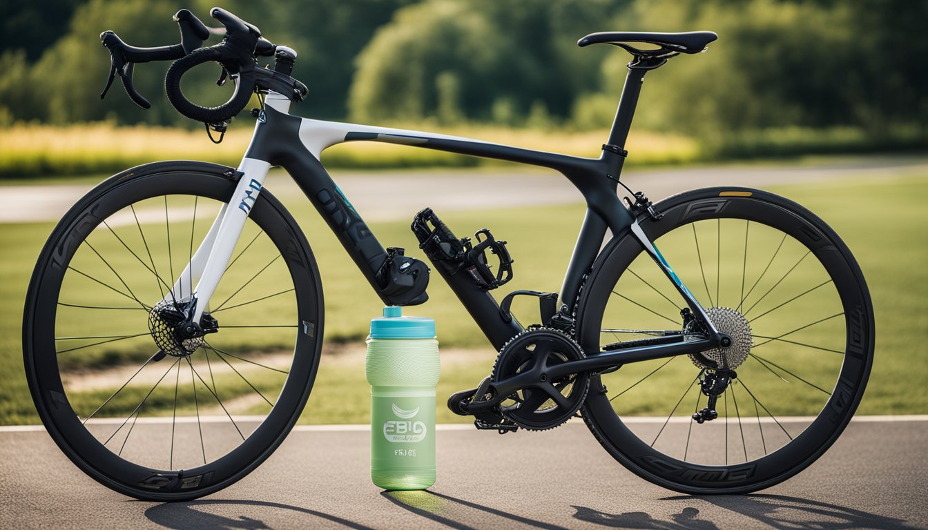 A triathlon bike parked next to a running track with a stopwatch and water bottle, surrounded by a serene natural landscape