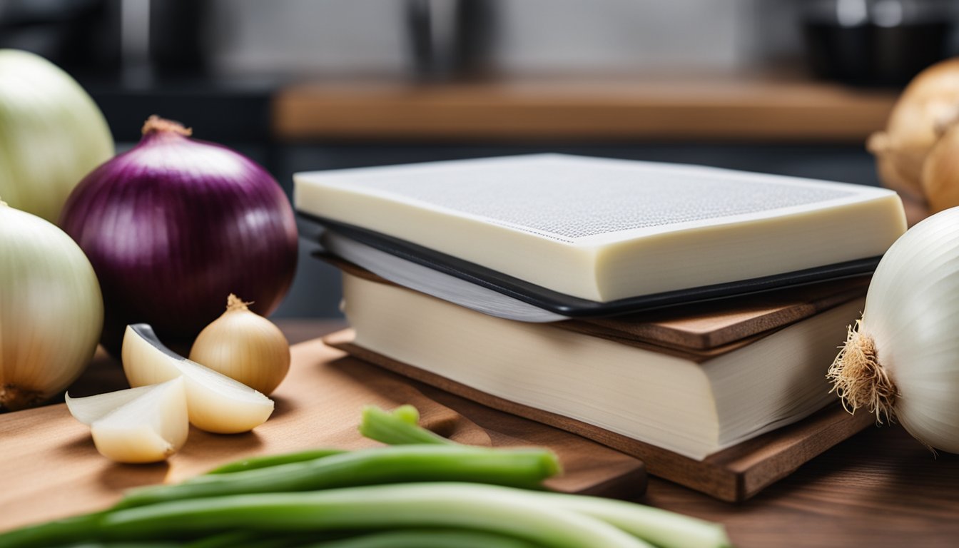 A pile of onions on a cutting board with a keto diet book in the background