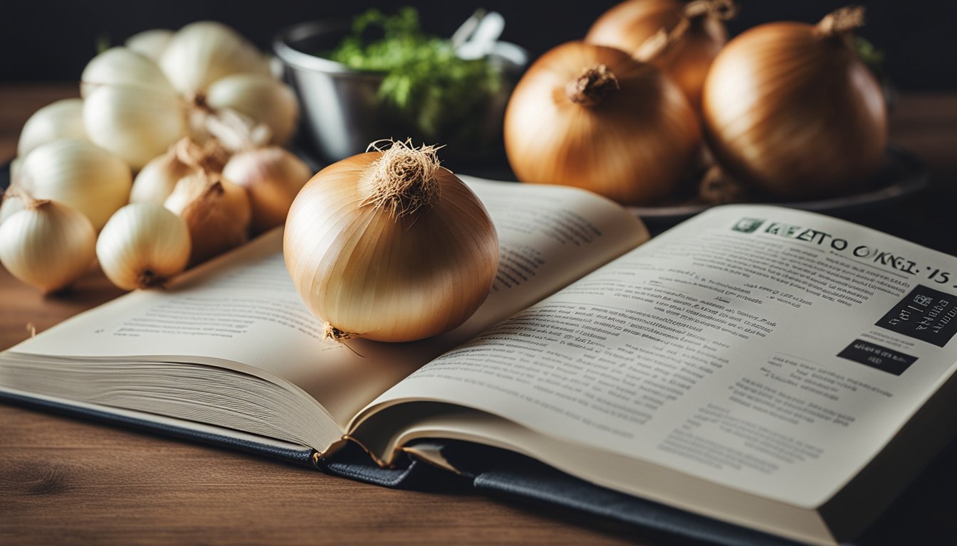 A pile of onions next to a keto guidebook. The book is open to a page discussing the carb content of onions