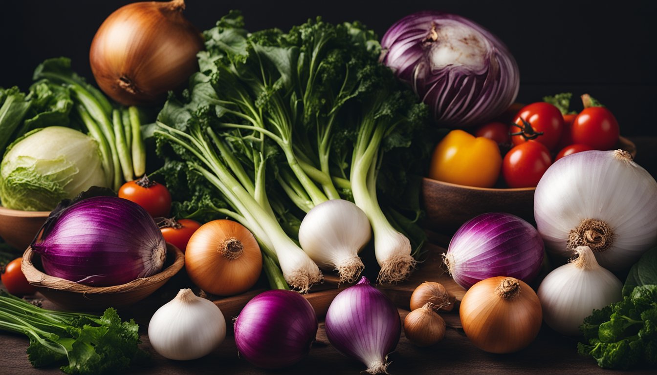 A pile of onions surrounded by various vegetables, with a keto diet book in the background