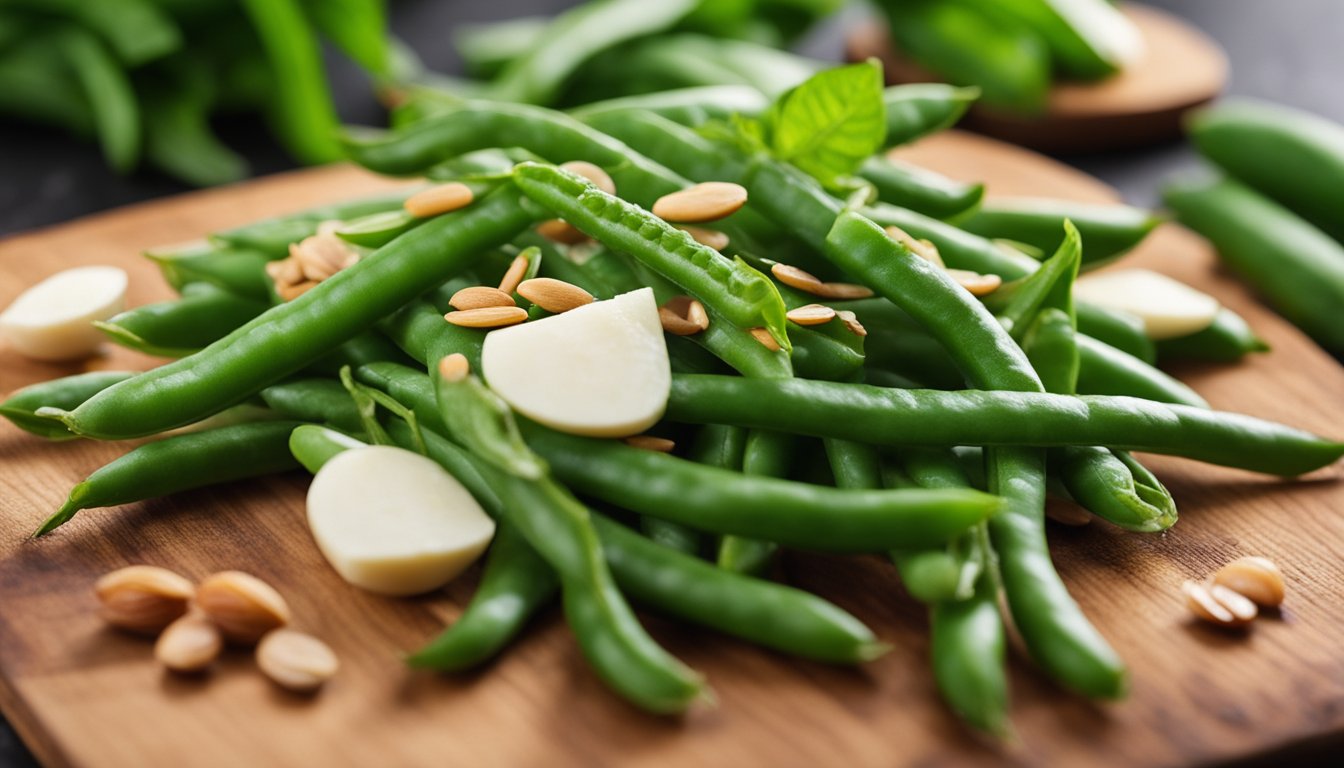 Fresh green beans arranged on a wooden cutting board with a variety of keto-friendly ingredients like bacon, almonds, and parmesan cheese