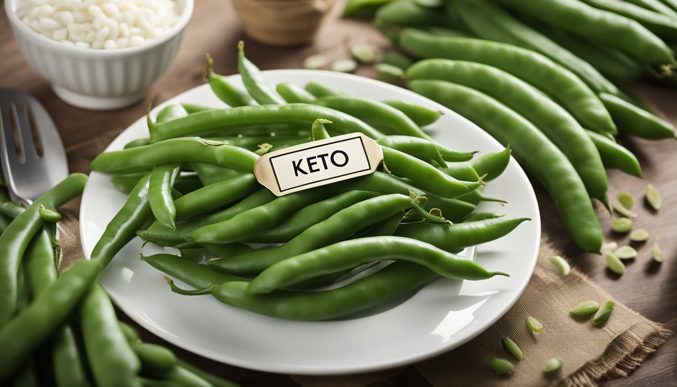 Green beans arranged on a plate, with a keto-friendly label. Nutritional information displayed next to the beans