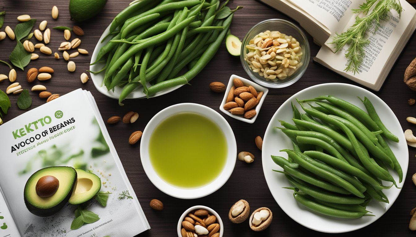 A plate of green beans arranged next to keto-friendly ingredients like avocado, olive oil, and nuts, with a keto recipe book open in the background