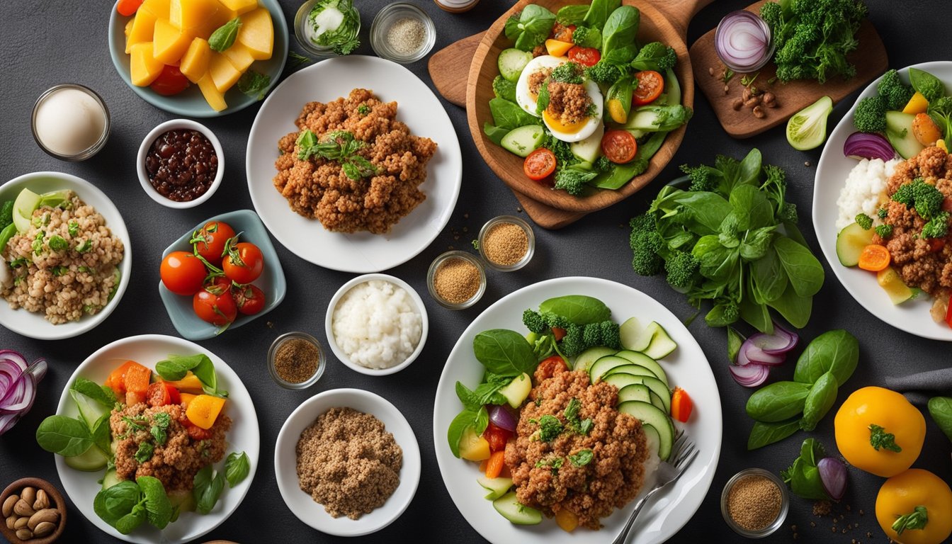 A table set with keto ground turkey dishes at breakfast, lunch, and dinner, with colorful vegetables and herbs as garnish