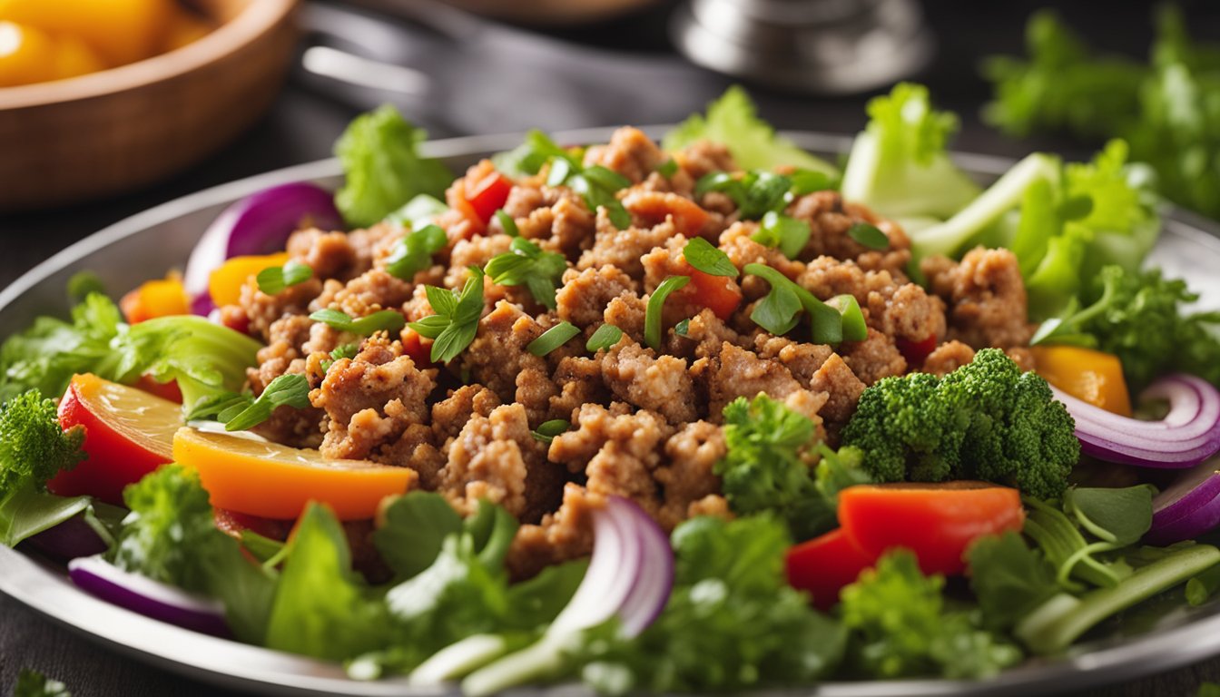 A sizzling skillet of seasoned ground turkey surrounded by vibrant, fresh vegetables and aromatic herbs