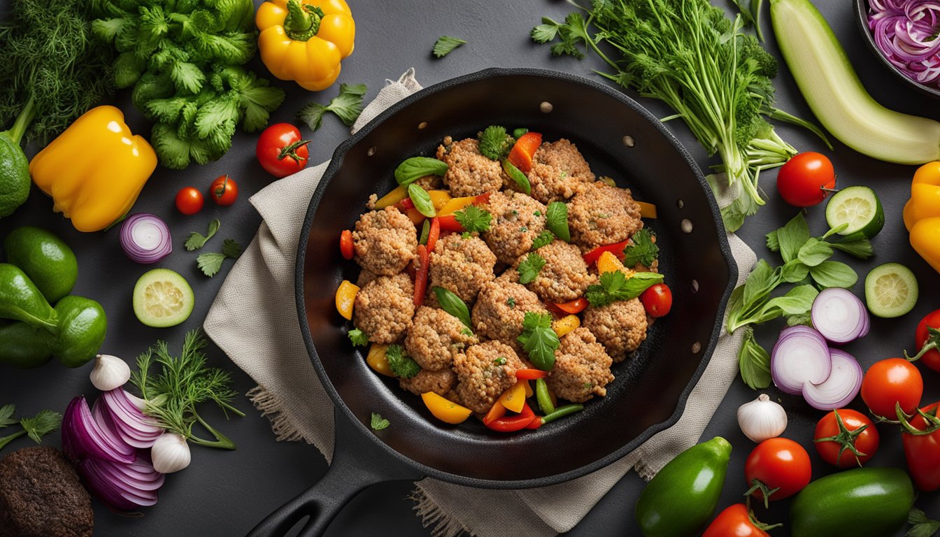 A sizzling skillet holds seasoned ground turkey, surrounded by fresh herbs and colorful vegetables, ready to be transformed into a variety of keto-friendly dishes