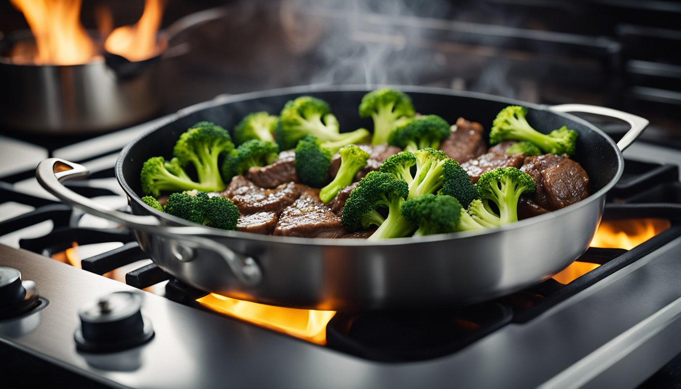 A sizzling skillet of beef and broccoli cooks on a stovetop. Steam rises as the ingredients are tossed in a savory keto-friendly sauce