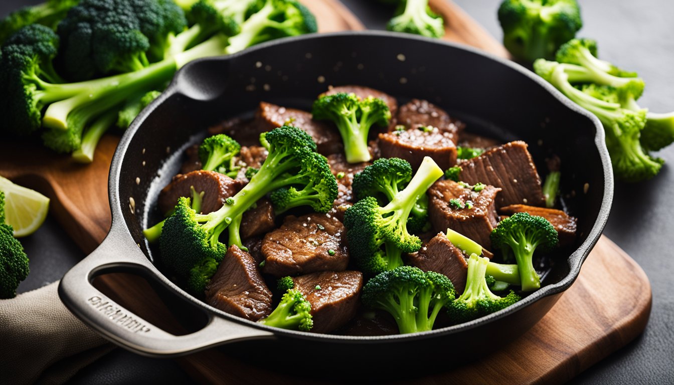 A sizzling skillet of beef and broccoli cooks over high heat, emitting savory aromas and vibrant colors