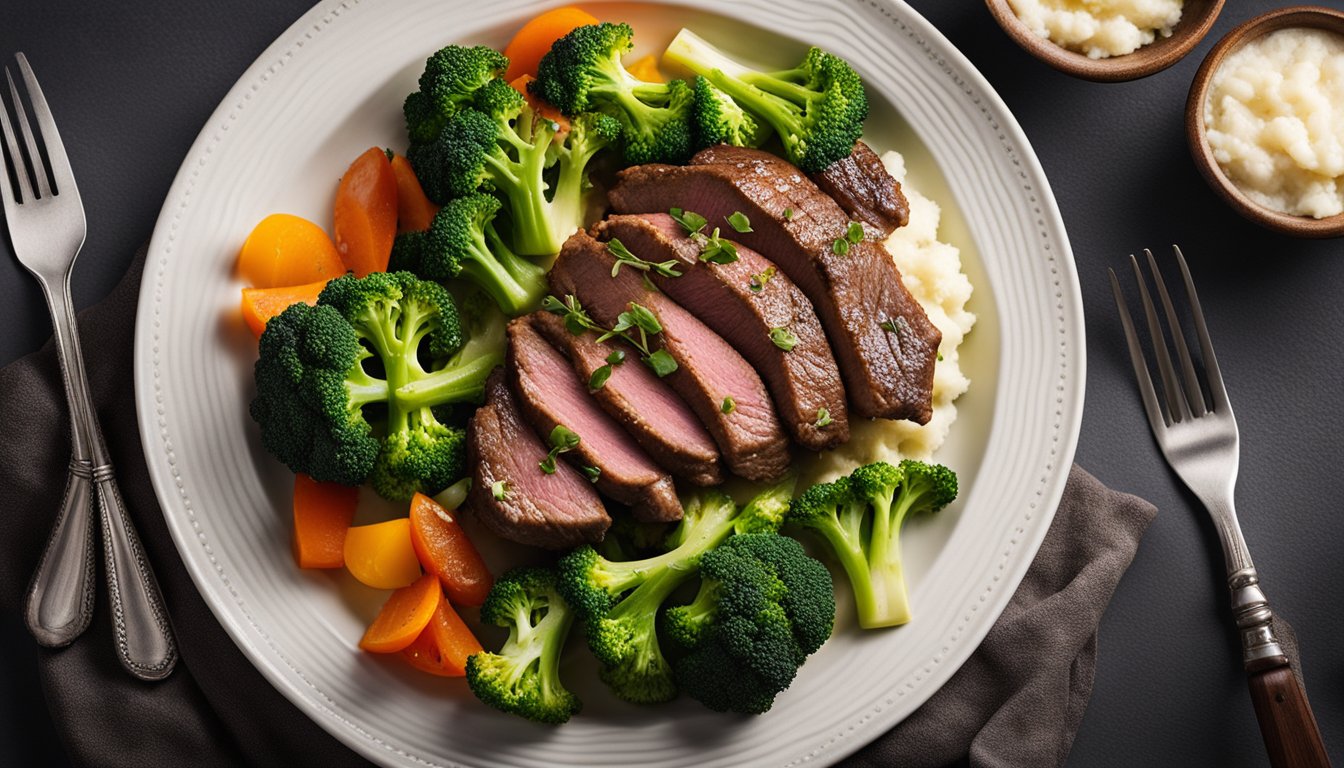 A sizzling skillet of keto beef and broccoli with steam rising, surrounded by colorful vegetables and a side of creamy cauliflower mash