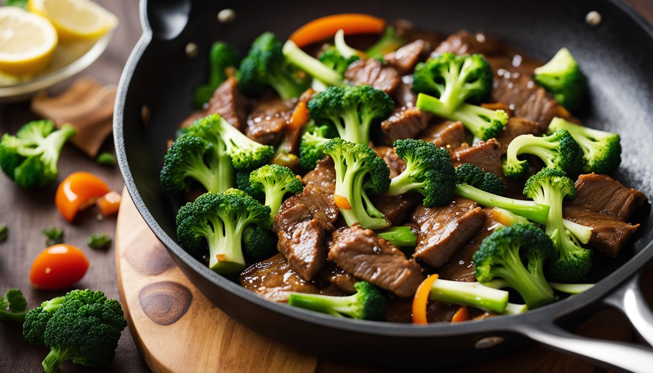 A skillet sizzles as beef and broccoli stir-fry together. A keto-friendly sauce simmers, adding a savory aroma to the kitchen