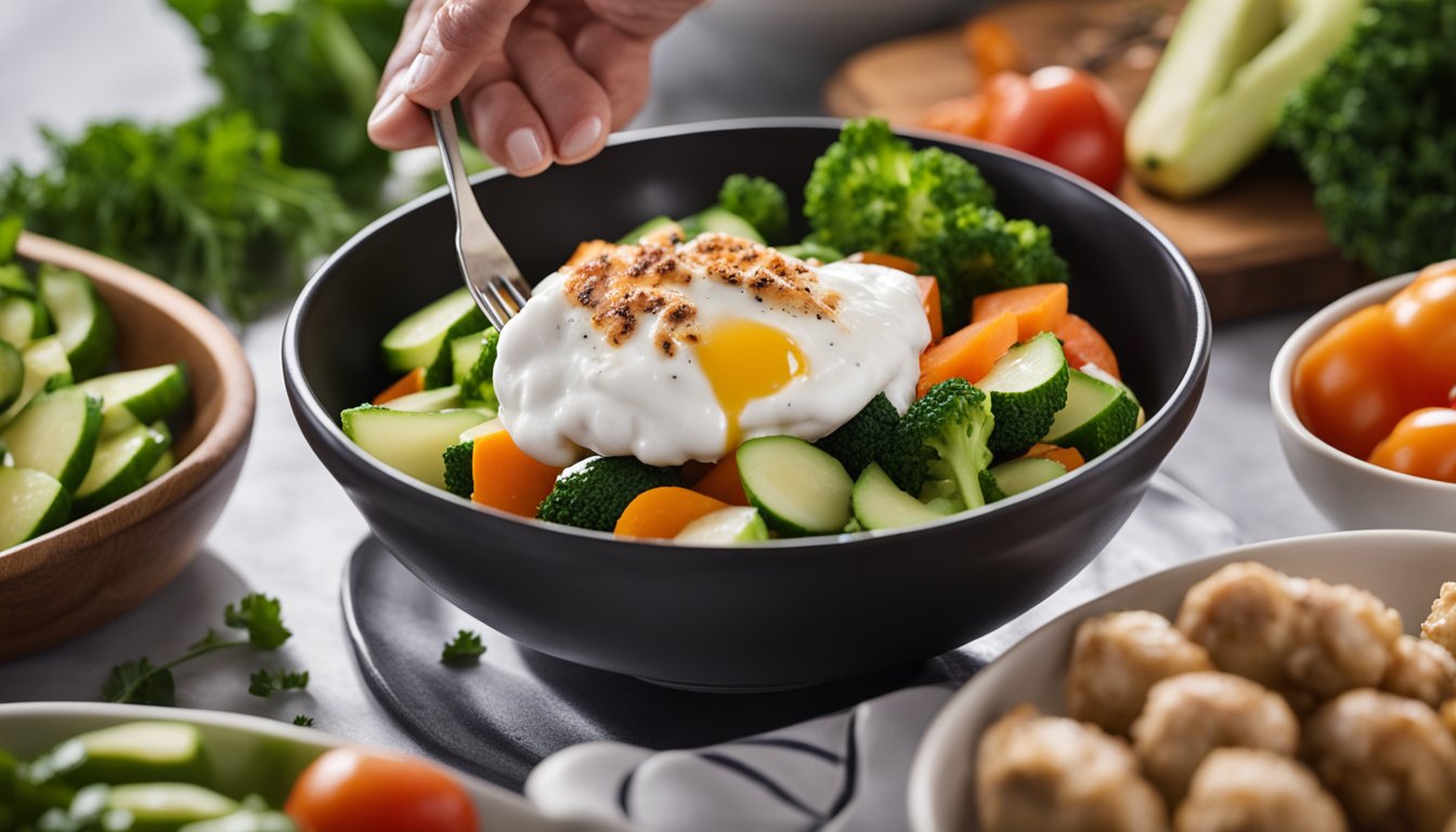 A dollop of sour cream being added to a bowl of fresh vegetables and grilled chicken