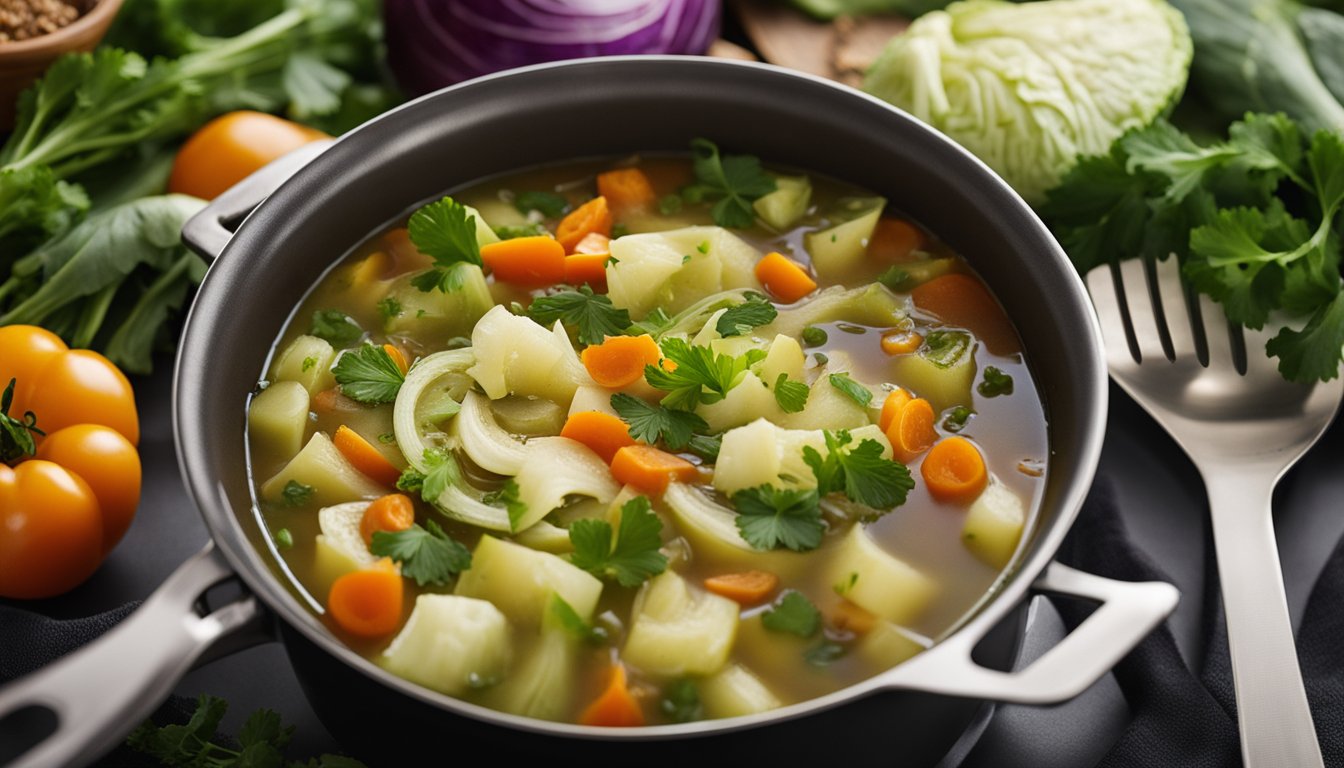 A pot of keto cabbage soup simmers on a stovetop, surrounded by fresh vegetables, herbs, and spices. A ladle rests on the side, ready to serve