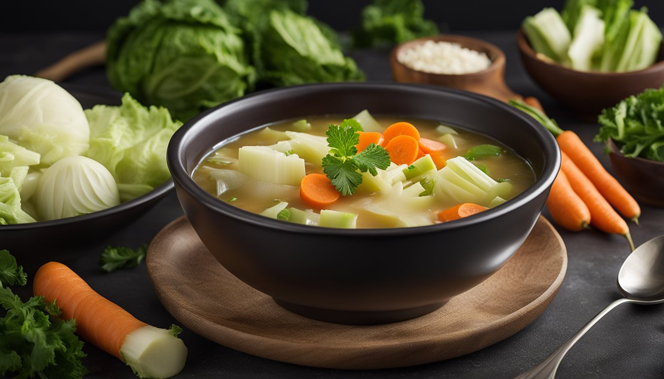 A steaming bowl of keto cabbage soup surrounded by fresh ingredients like cabbage, carrots, and celery, with a spoon resting on the side