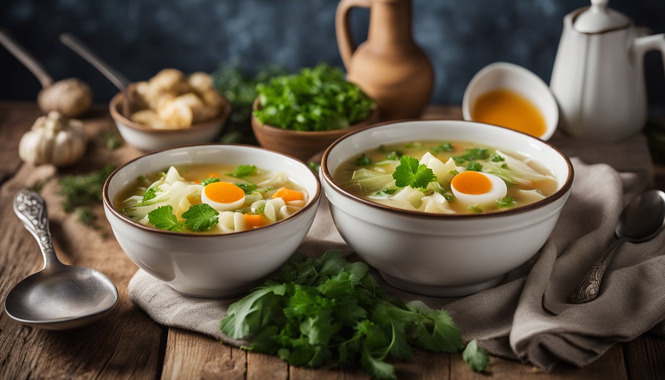 A steaming bowl of keto cabbage soup sits on a rustic wooden table, surrounded by fresh vegetables and herbs. A spoon rests beside the bowl, inviting the viewer to dig in