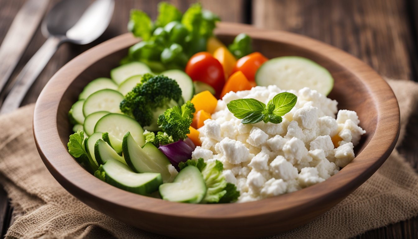 A bowl of cottage cheese sits on a wooden table, surrounded by low-carb vegetables and a keto-friendly snack