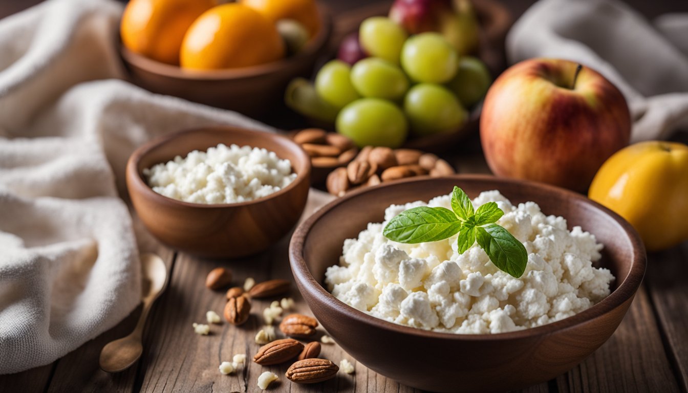 A bowl of cottage cheese sits on a wooden table surrounded by keto-friendly fruits and nuts. A keto recipe book is open nearby