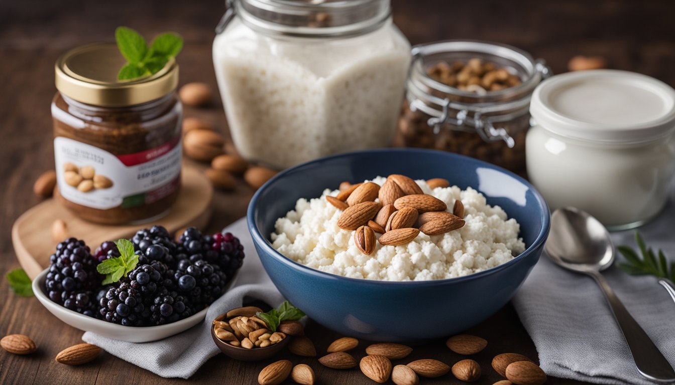 A bowl of cottage cheese sits next to a plate of fresh berries, a jar of almond butter, and a handful of nuts. A keto-friendly recipe book is open on the counter