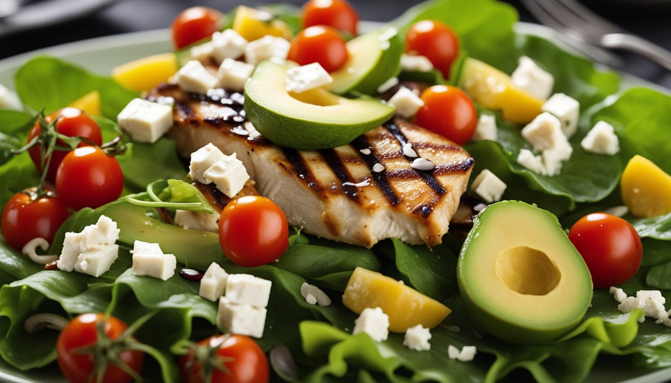 Fresh greens topped with sliced avocado, cherry tomatoes, grilled chicken, and feta cheese. Sunflower seeds and a drizzle of balsamic vinaigrette