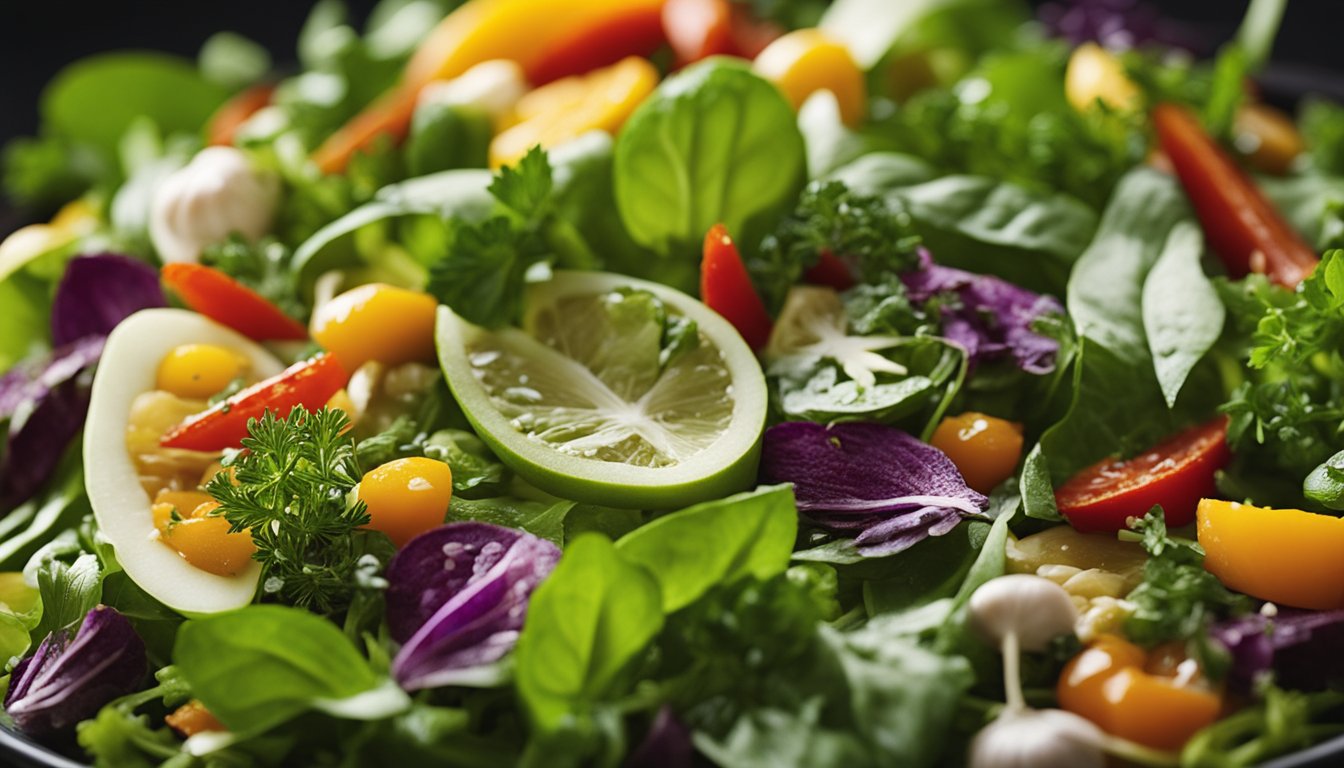 A variety of colorful herbs and spices are scattered on top of a low carb salad, adding flavor and visual appeal