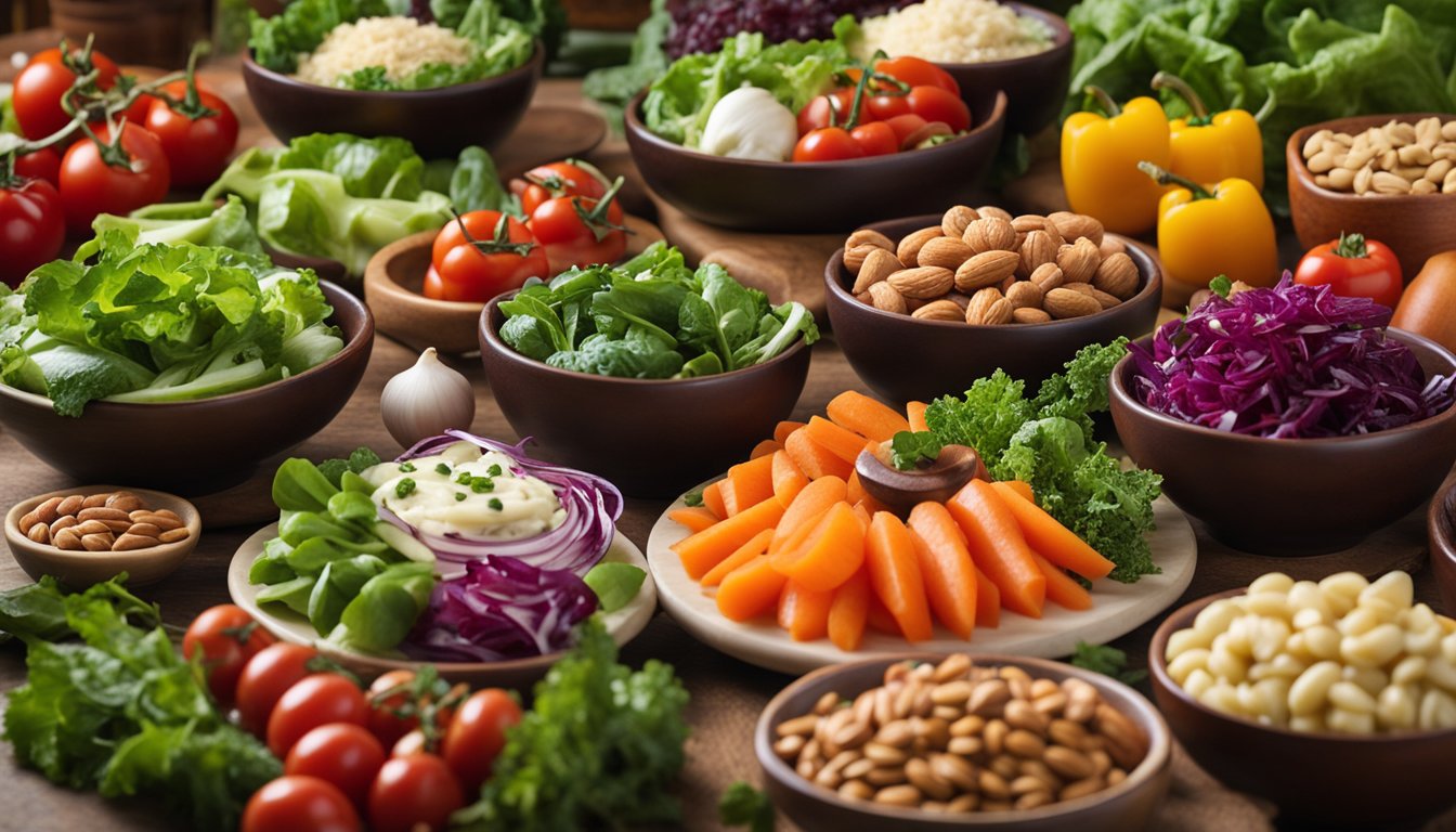 A colorful array of fresh vegetables and nuts arranged on a bed of leafy greens, with a variety of low carb salad toppings in small bowls nearby