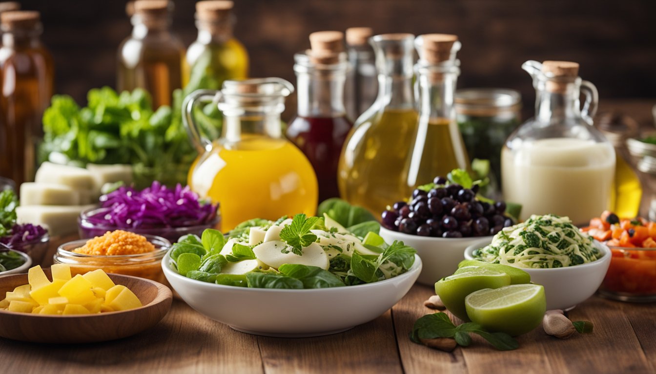 A colorful array of low-carb salad toppings, including various delicious dressings and oils, are neatly arranged on a wooden table