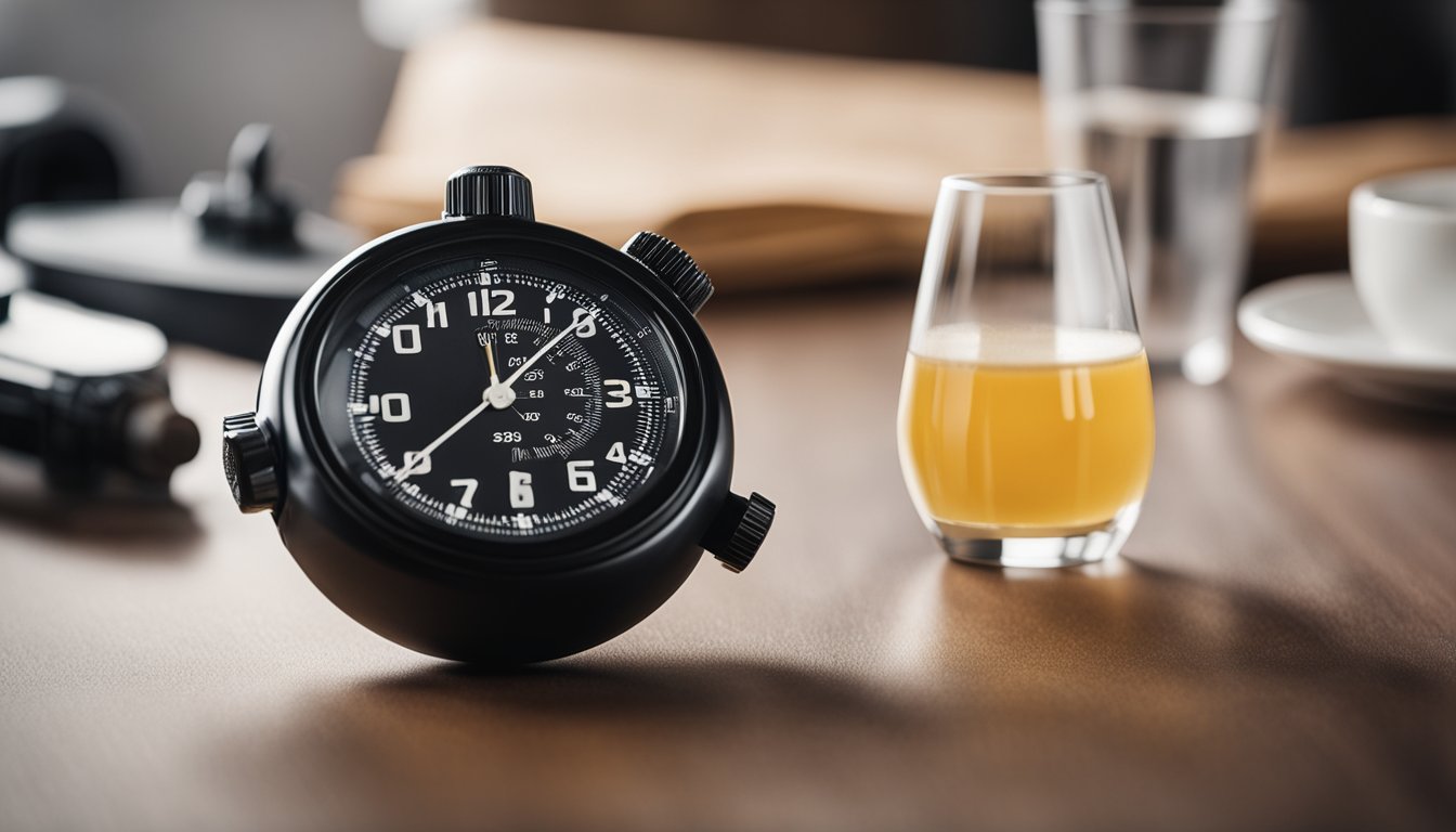 A stopwatch set to 30 minutes, a scoop of pre workout powder, and a glass of water on a clean, uncluttered table