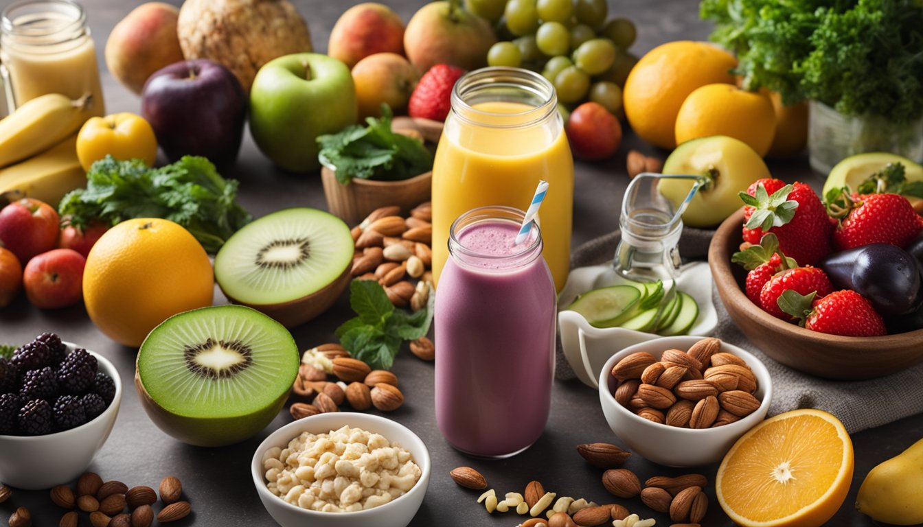 A table with a variety of fresh fruits, vegetables, nuts, and protein shakes. A water bottle and a stopwatch sit nearby