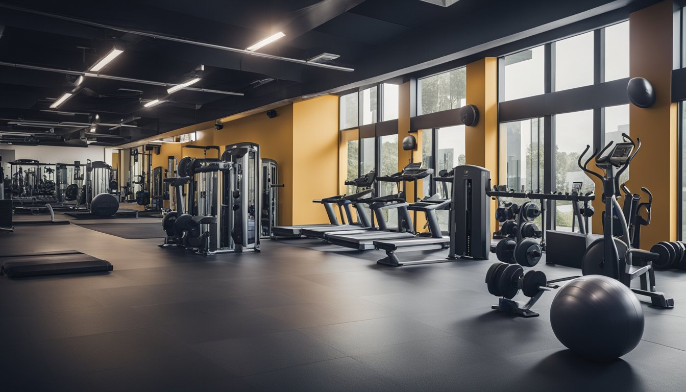 A gym with various exercise equipment, mats, and weights laid out in an organized manner. Posters on the walls depict workout routines and proper form