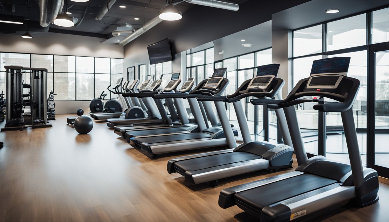 A gym with various exercise equipment, including treadmills, weight machines, and free weights. A workout schedule is posted on the wall