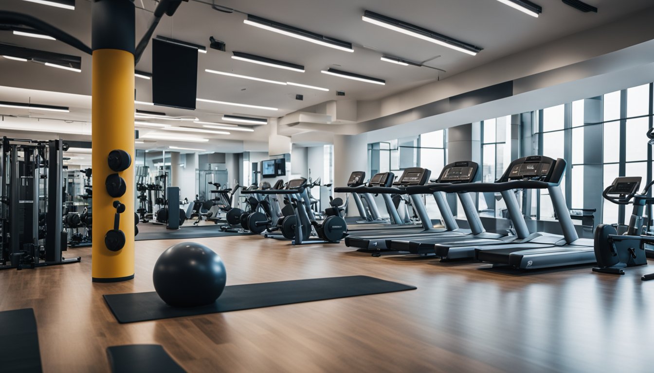 A gym with workout equipment, protein shakes, and a recovery area