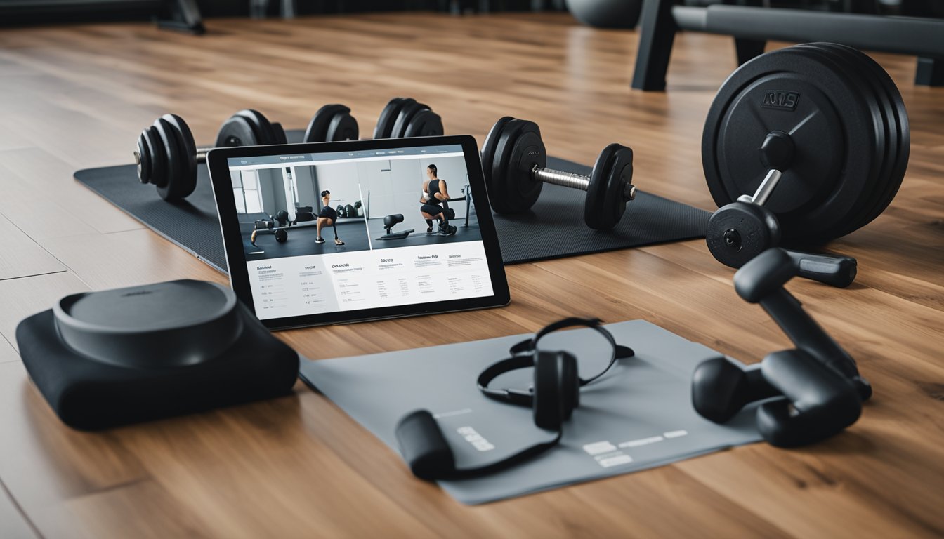 A gym setting with exercise equipment, a mat, and a printed abs and glutes workout plan pdf placed on a table