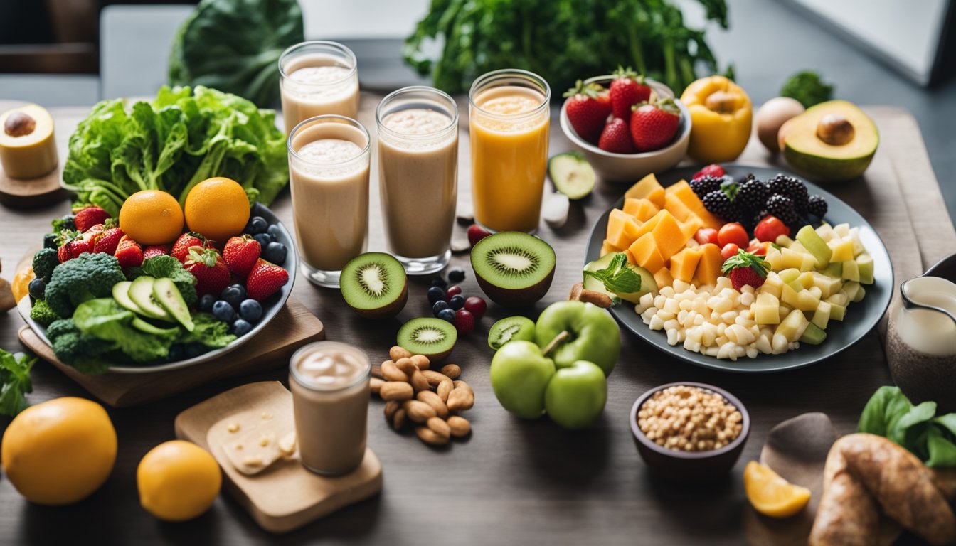 A table with balanced meals, fruits, vegetables, and protein shakes. A workout plan and a PDF document on nutrition and diet for abs and glutes